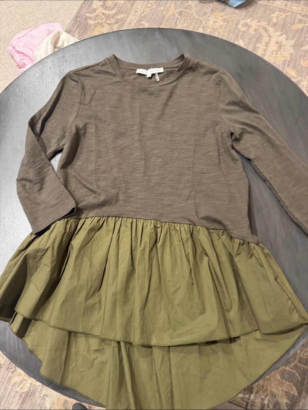 Womens Olive Brown Two-Tone tunic peplum Top - Casual Layered Shirt